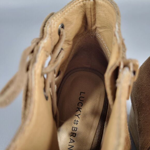 Lucky Brand Jaevin Suede Leather Side Zip Lace Peep Toe Wedge Heel Bootie 8.5 - Picture 10 of 12